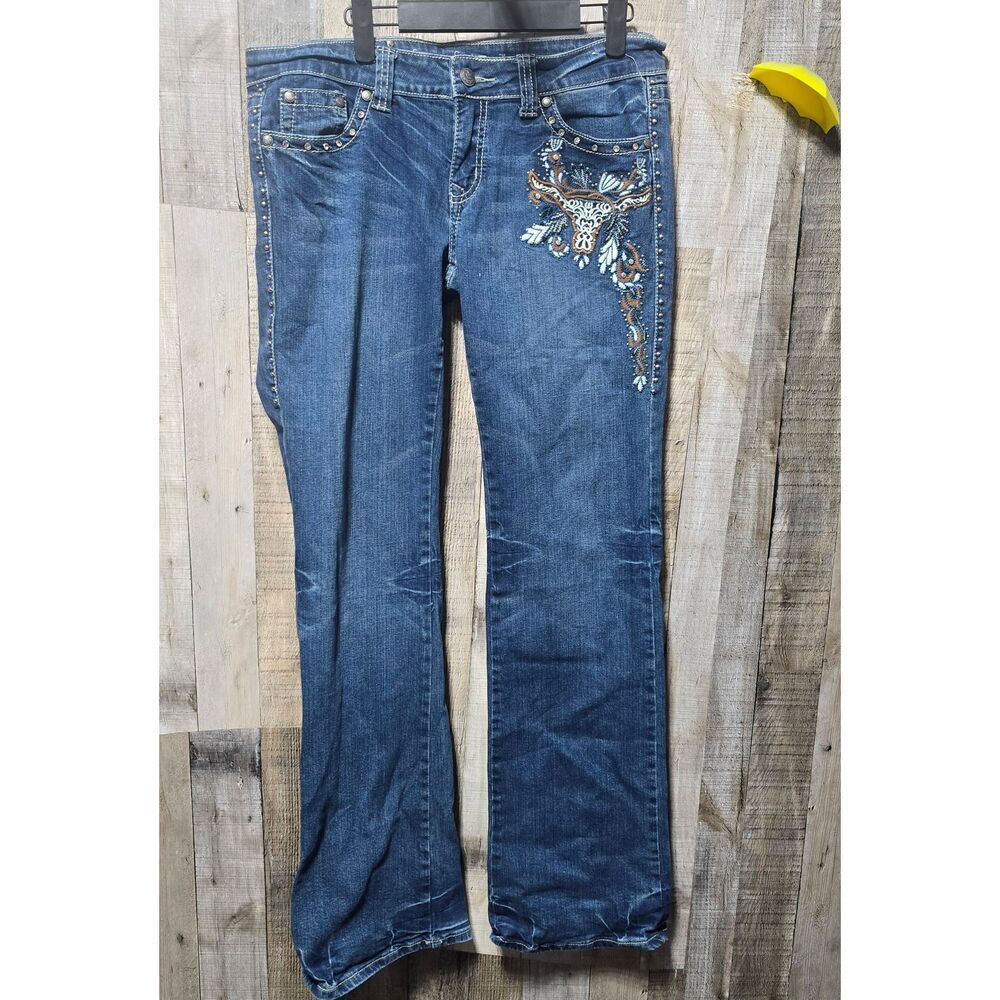 Trinity Ranch Montana West Bull Skull Embroidered Studded Low Rise Bootcut Jeans